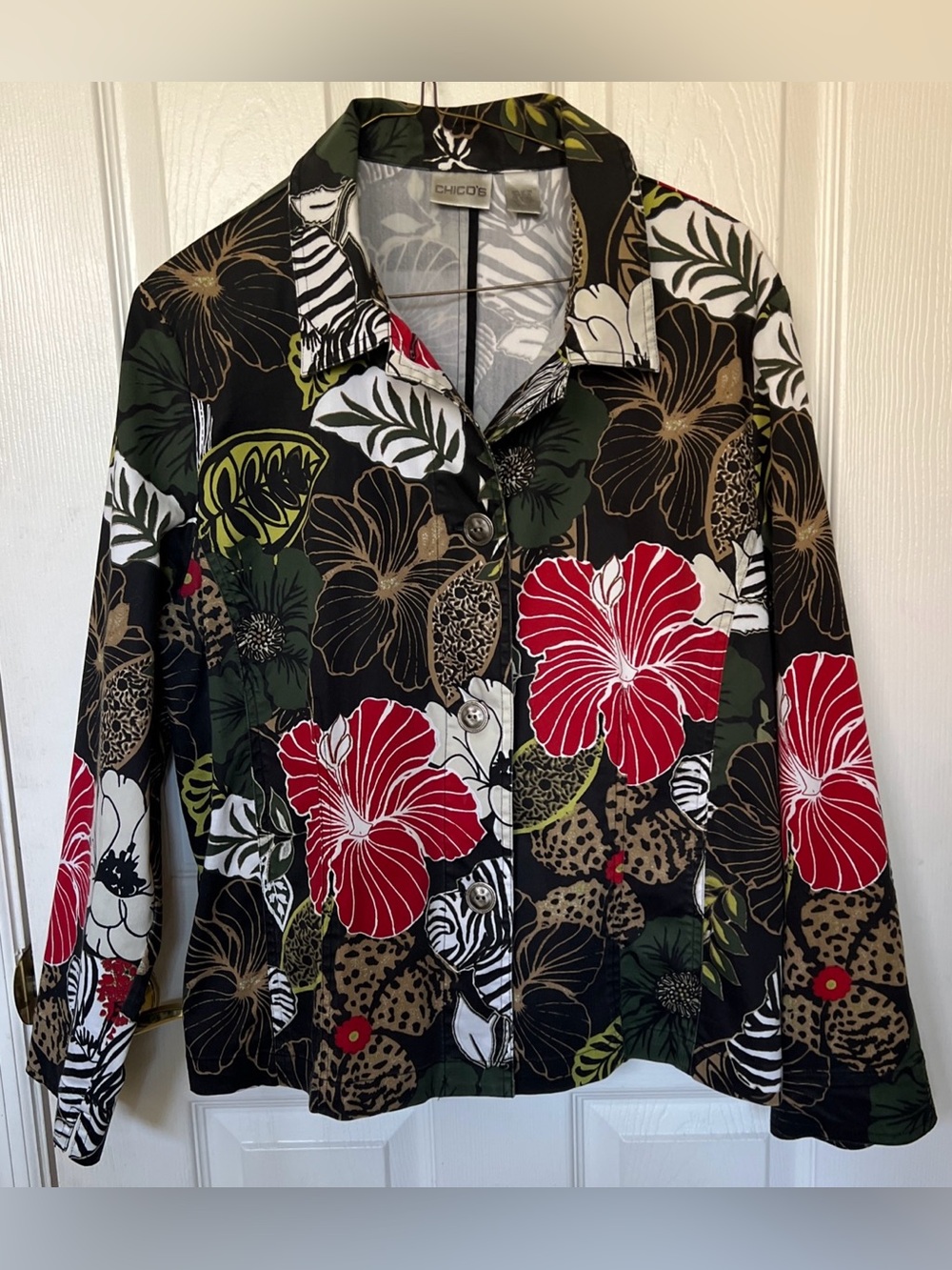 Chico's Black Floral Jacket with Red Hibiscus Print